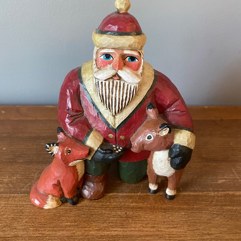 Tate Hand Carved Wood Santa Figurine Woodland Animals Fox Fawn Folk Art Signed